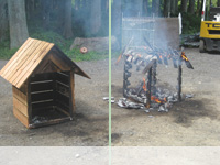 液体ガラスを塗装した小屋は、散布されたガソリン部分のみしか燃えていません